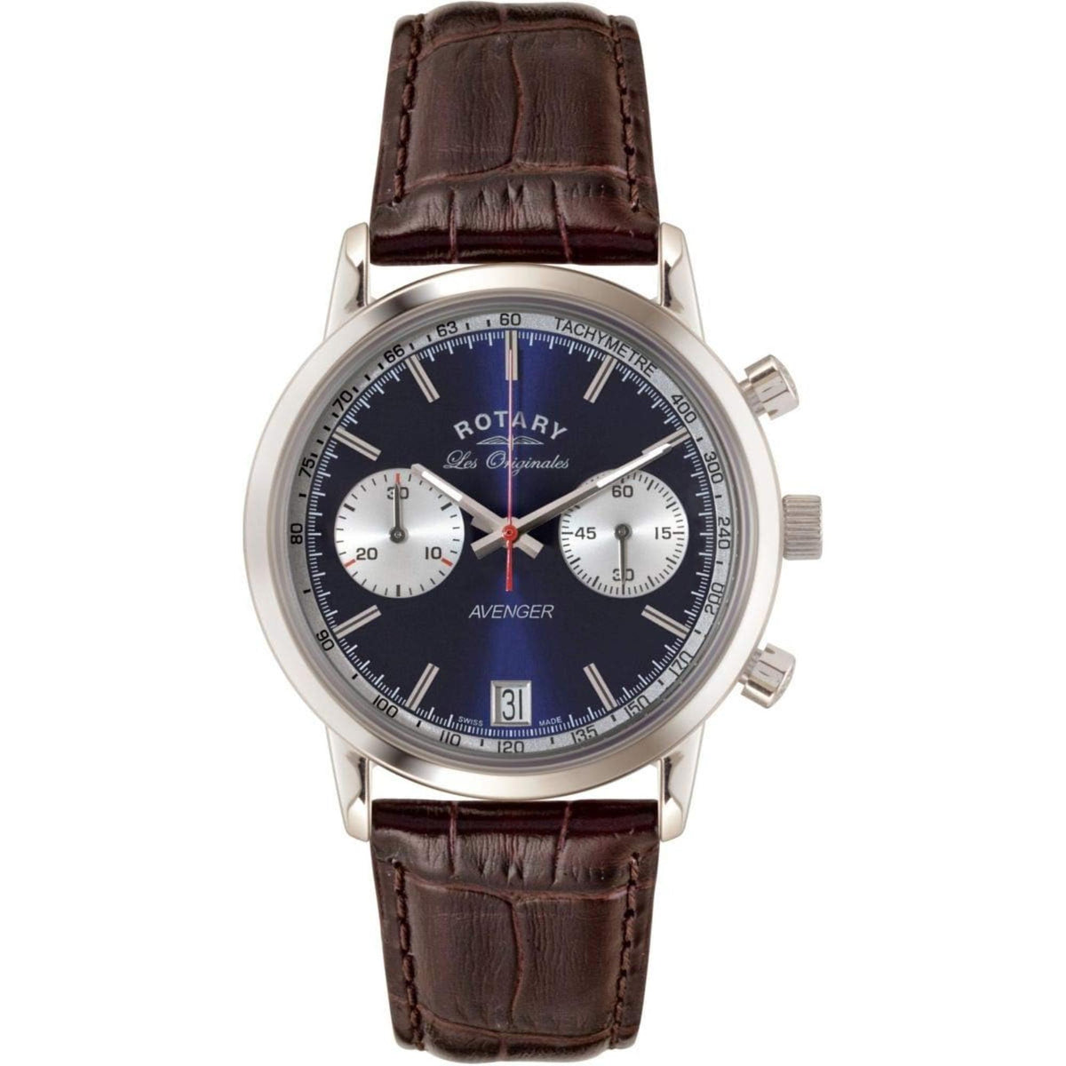 Men's wristwatch front: silver case, brown leather strap, blue dial with date window