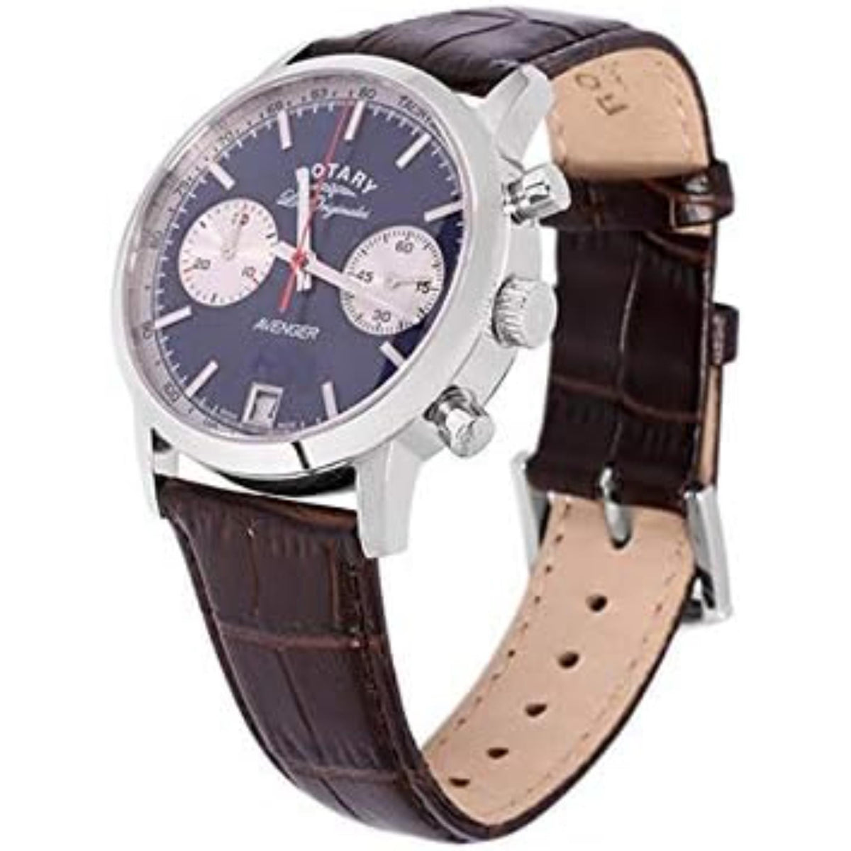 Men's wristwatch angled view: silver case, brown leather strap, blue dial with subdials