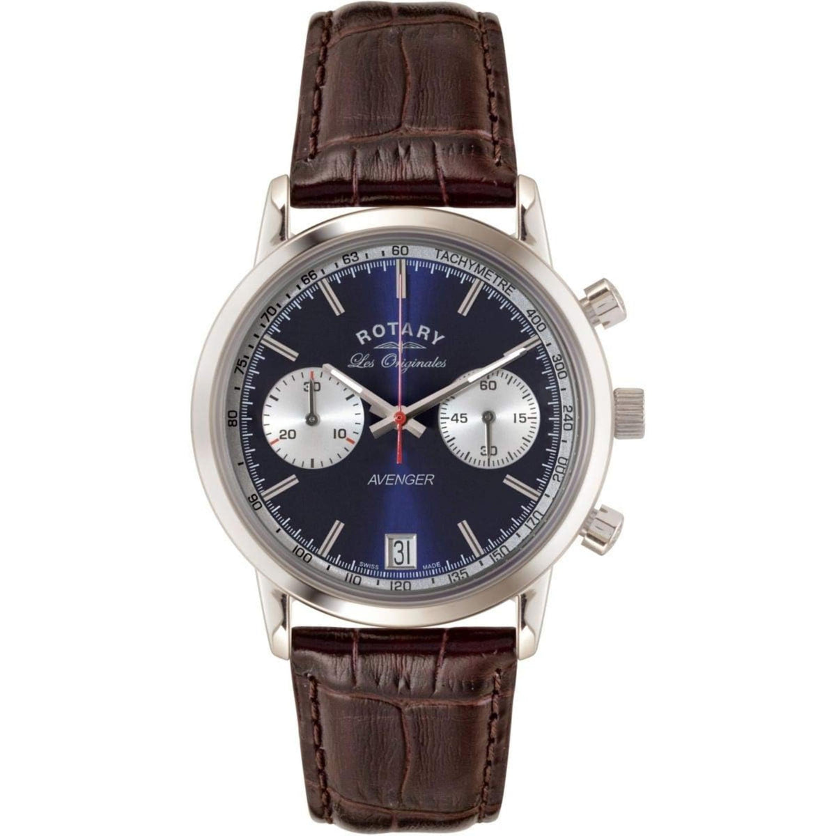 Men's wristwatch front view with blue dial, subdials, and visible crown detail
