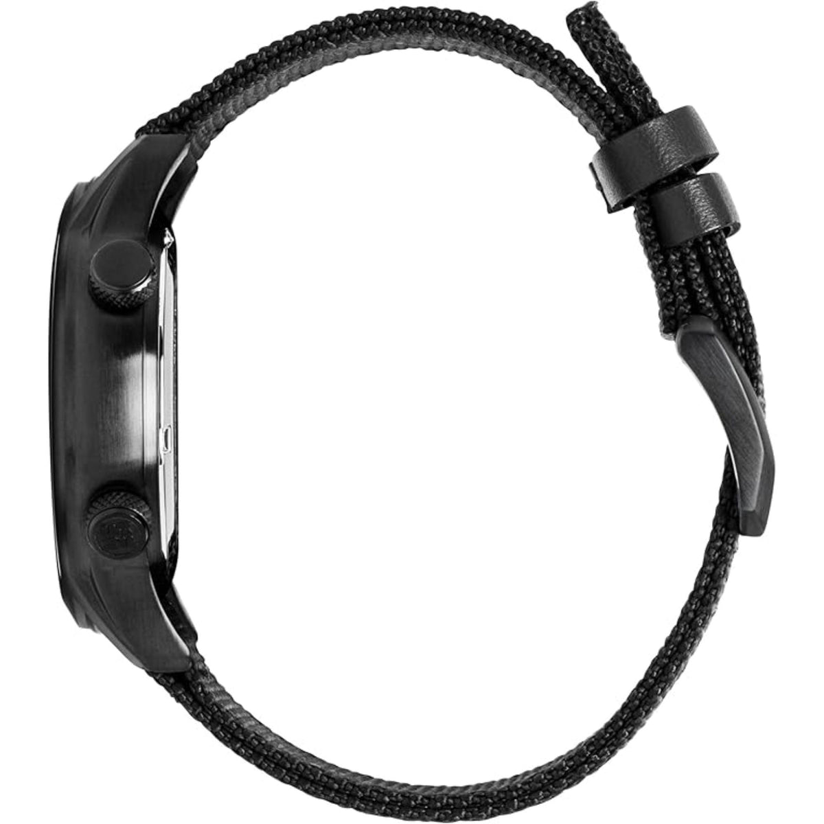 Men's black quartz watch with textured black nylon strap and case edge