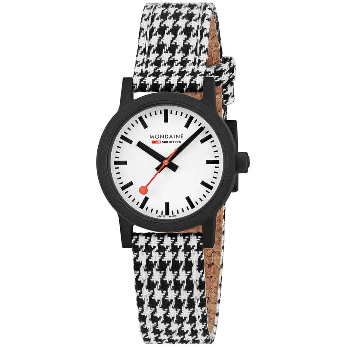 Quartz wristwatch with white dial, black case, and houndstooth PET strap with tan edge