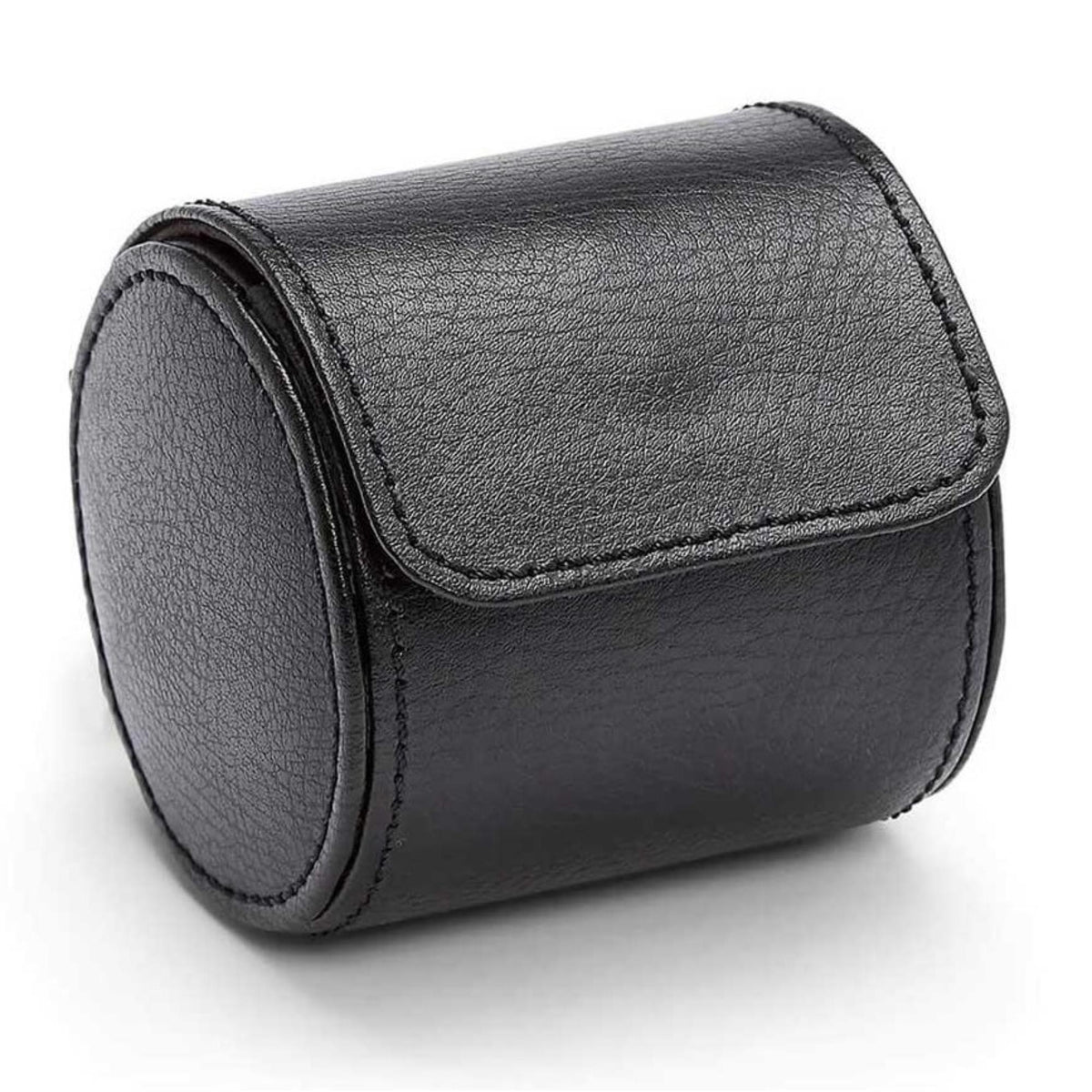 WOLF Blake single watch roll dark leather cylinder with front flap and contrast stitching