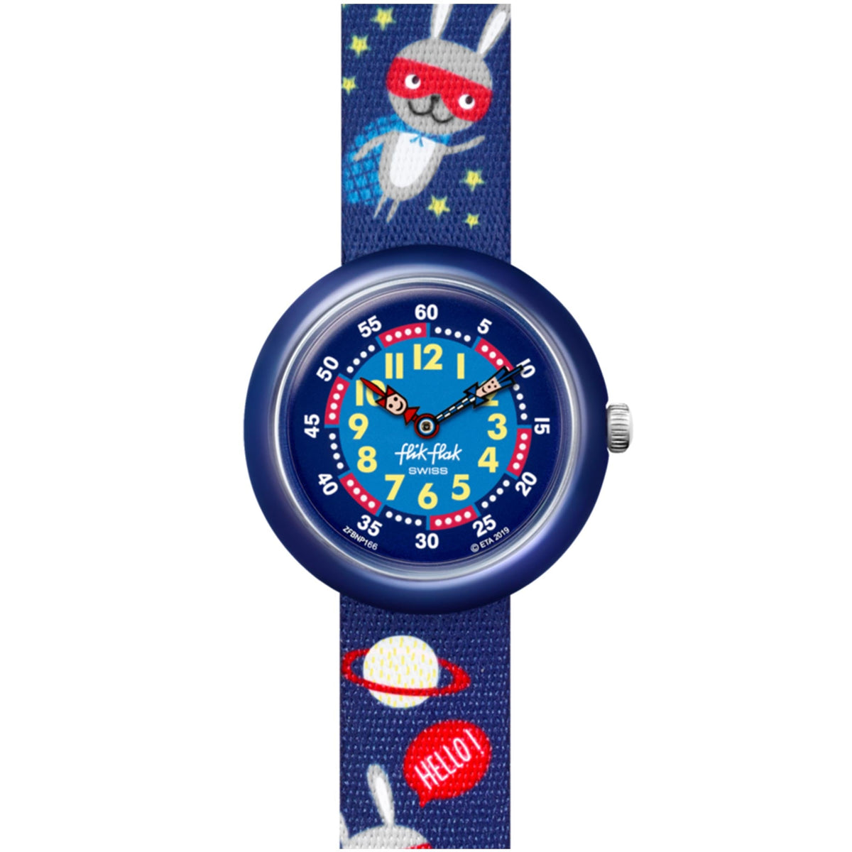 Boys blue textile-strap quartz watch with round blue dial and space character strap