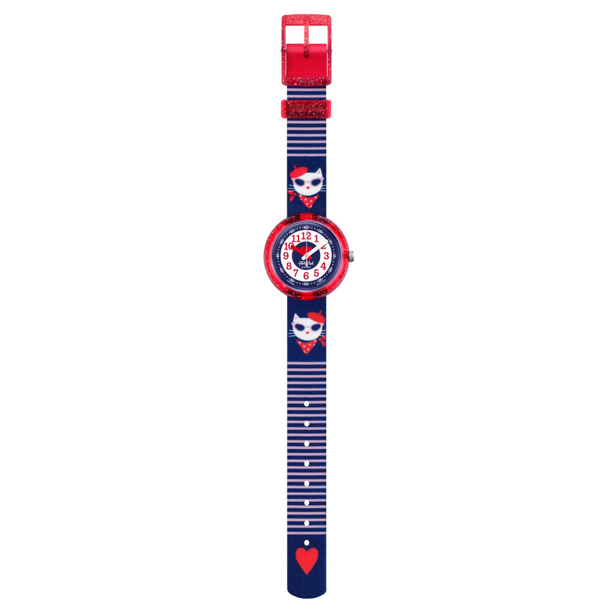 Kids cat watch with long blue textile strap, red buckle, round blue dial