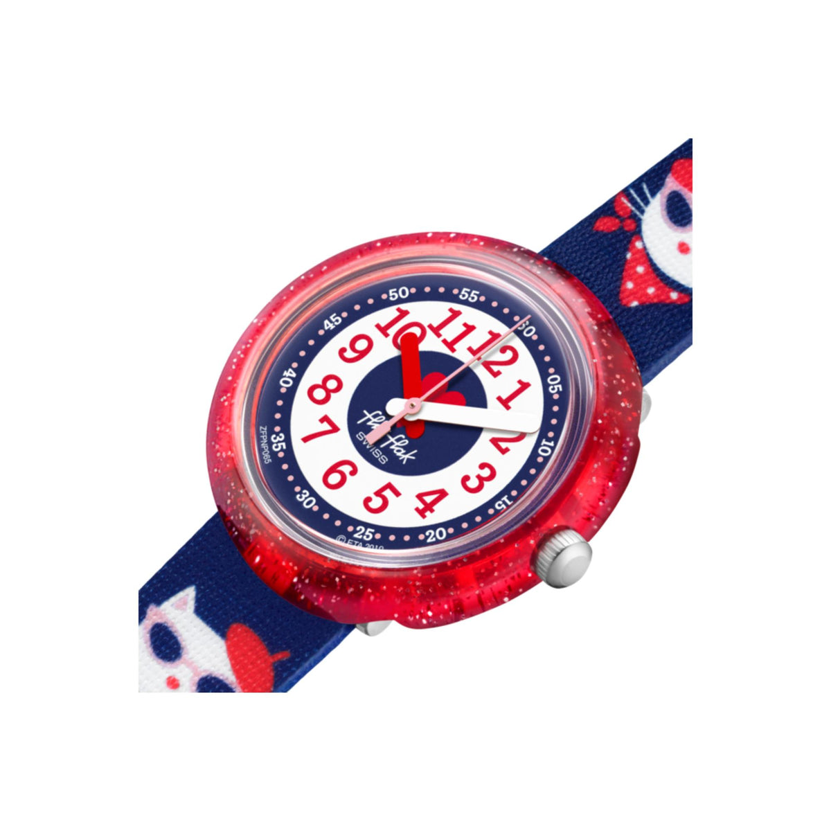 Close view of kids cat watch dial with red bezel and blue hands, blue strap