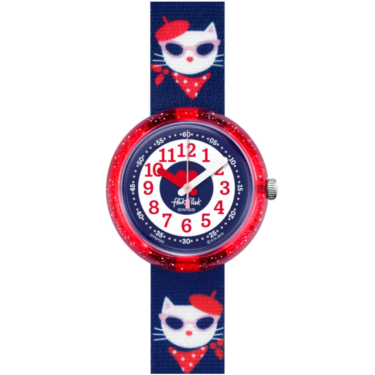Kids cat quartz watch with blue textile strap, red glitter bezel and numbered dial