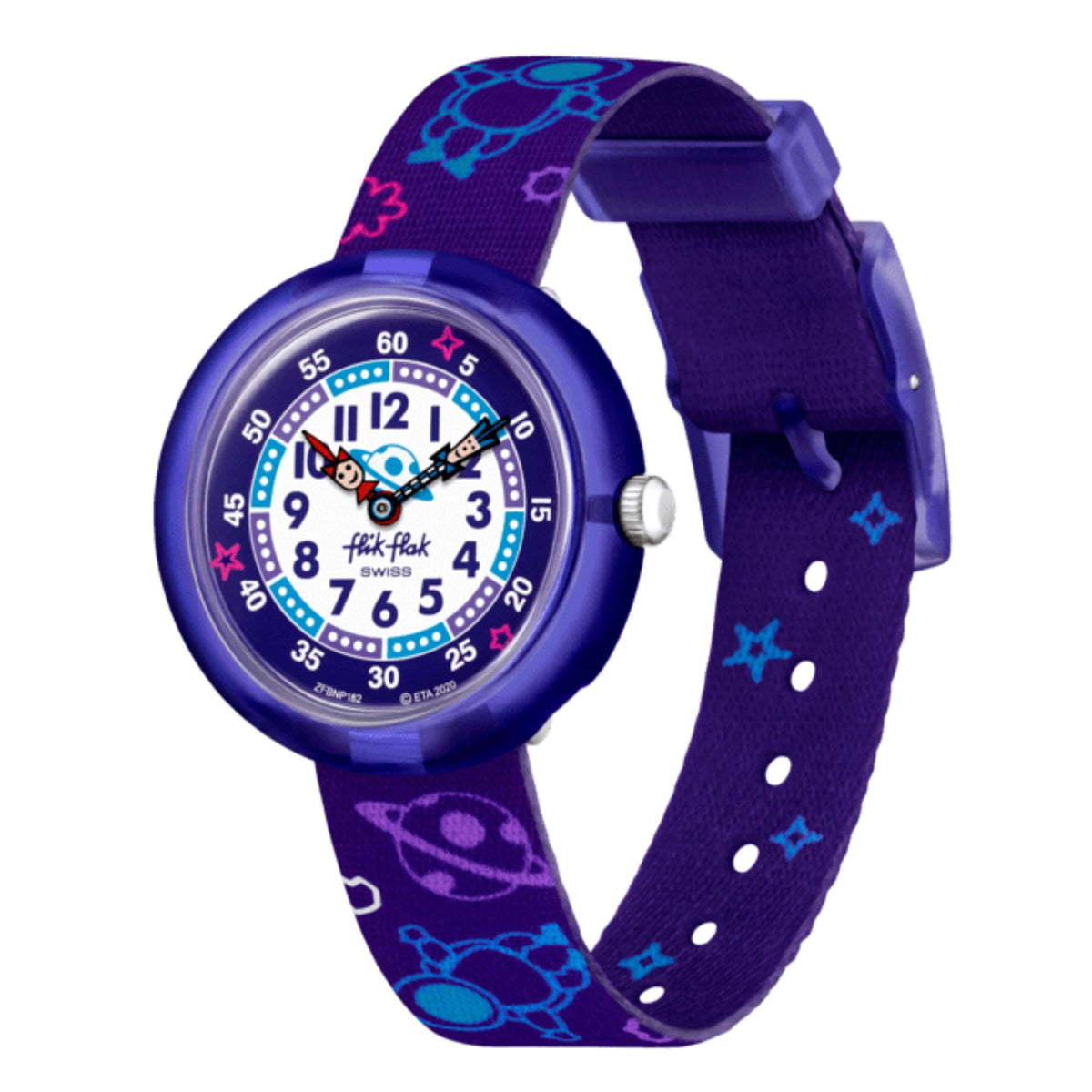 Children's purple dial watch with side crown and patterned textile strap with star details