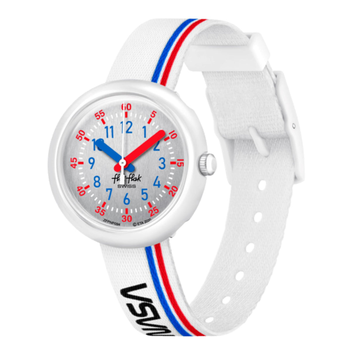 Kids quartz watch with silver case and white strap; blue/red stripe trim and colorful dial.
