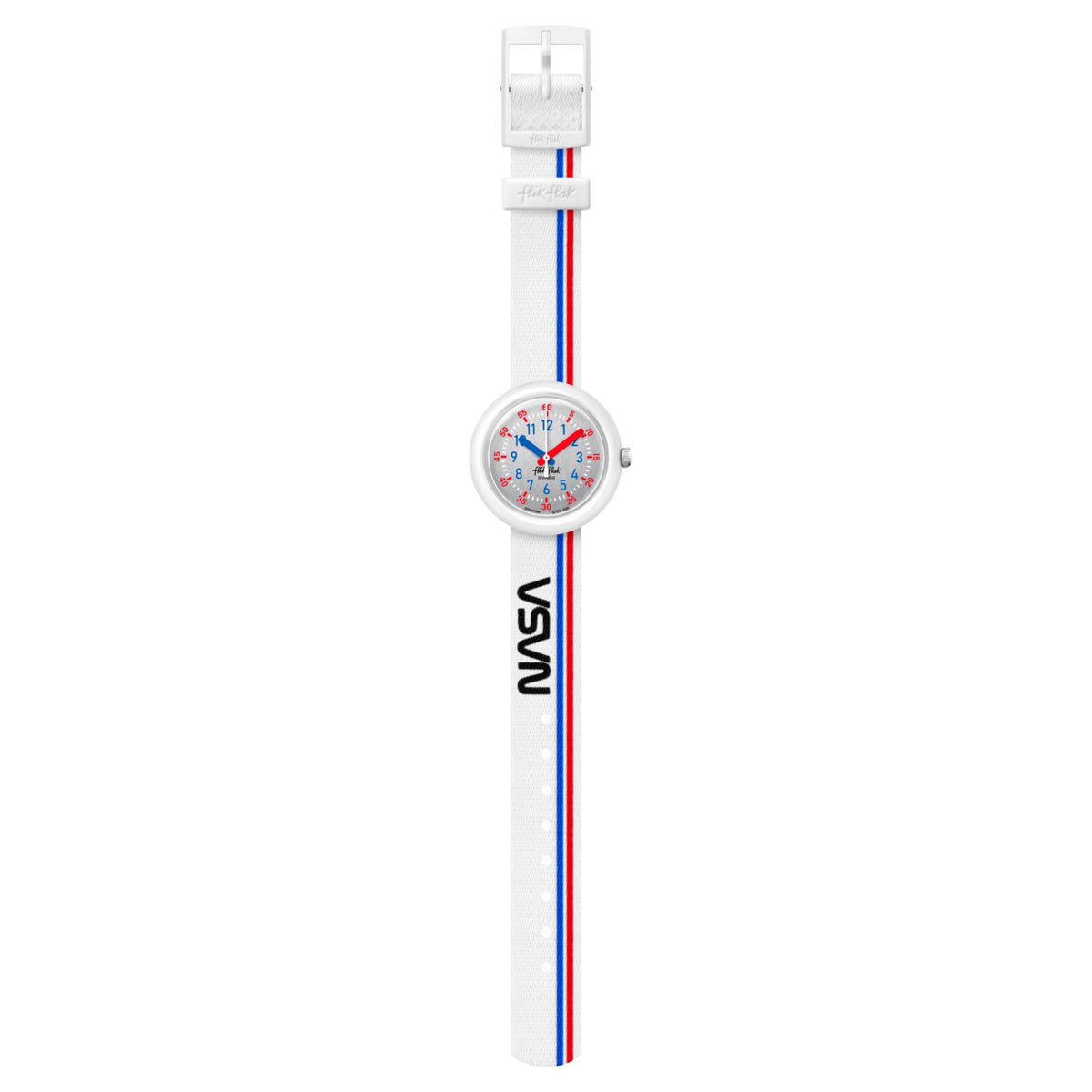 Kids quartz watch with silver bezel and white strap featuring blue/red stripes; dial angled.