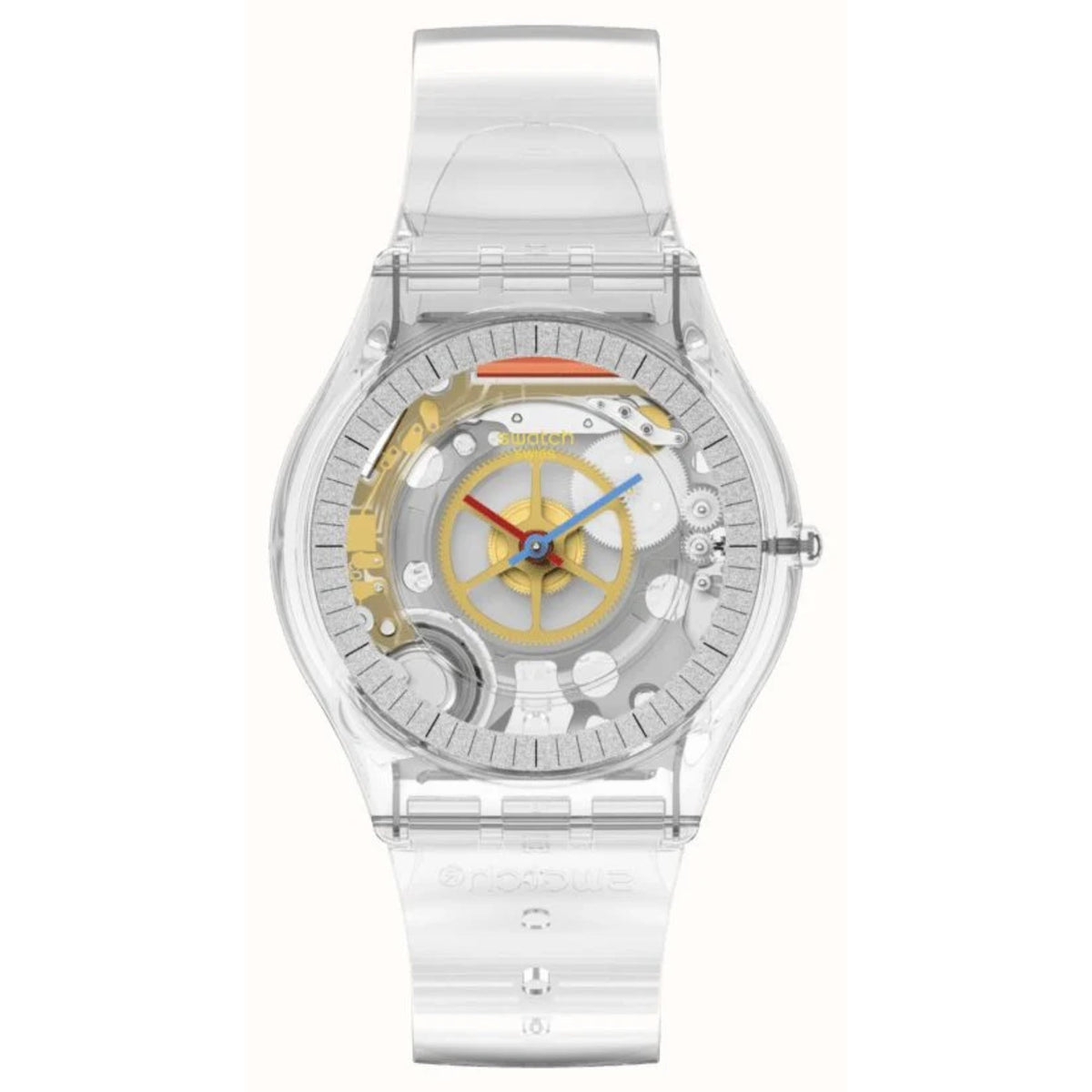 Clear dial quartz watch, front view with blue and yellow hands on transparent bezel