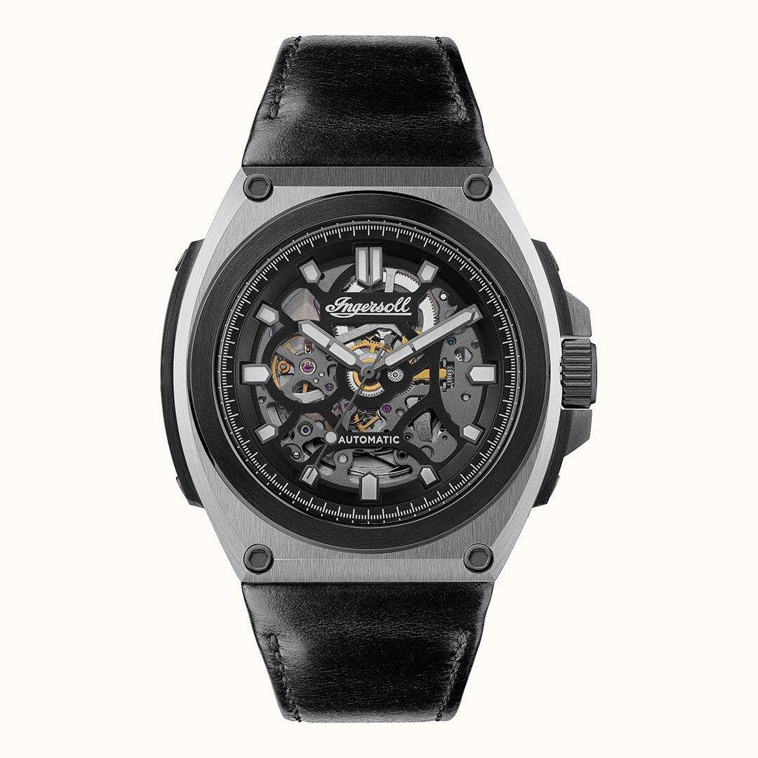 Round steel-cased automatic skeleton watch with black dial and black leather strap