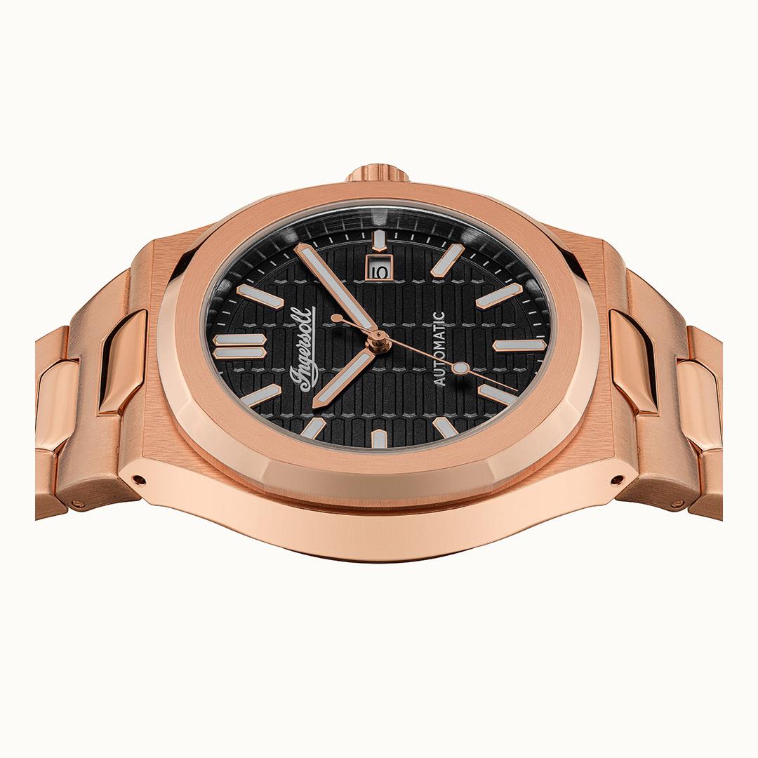 Ingersoll men's automatic watch angled view: black dial with baton markers and rose-gold case