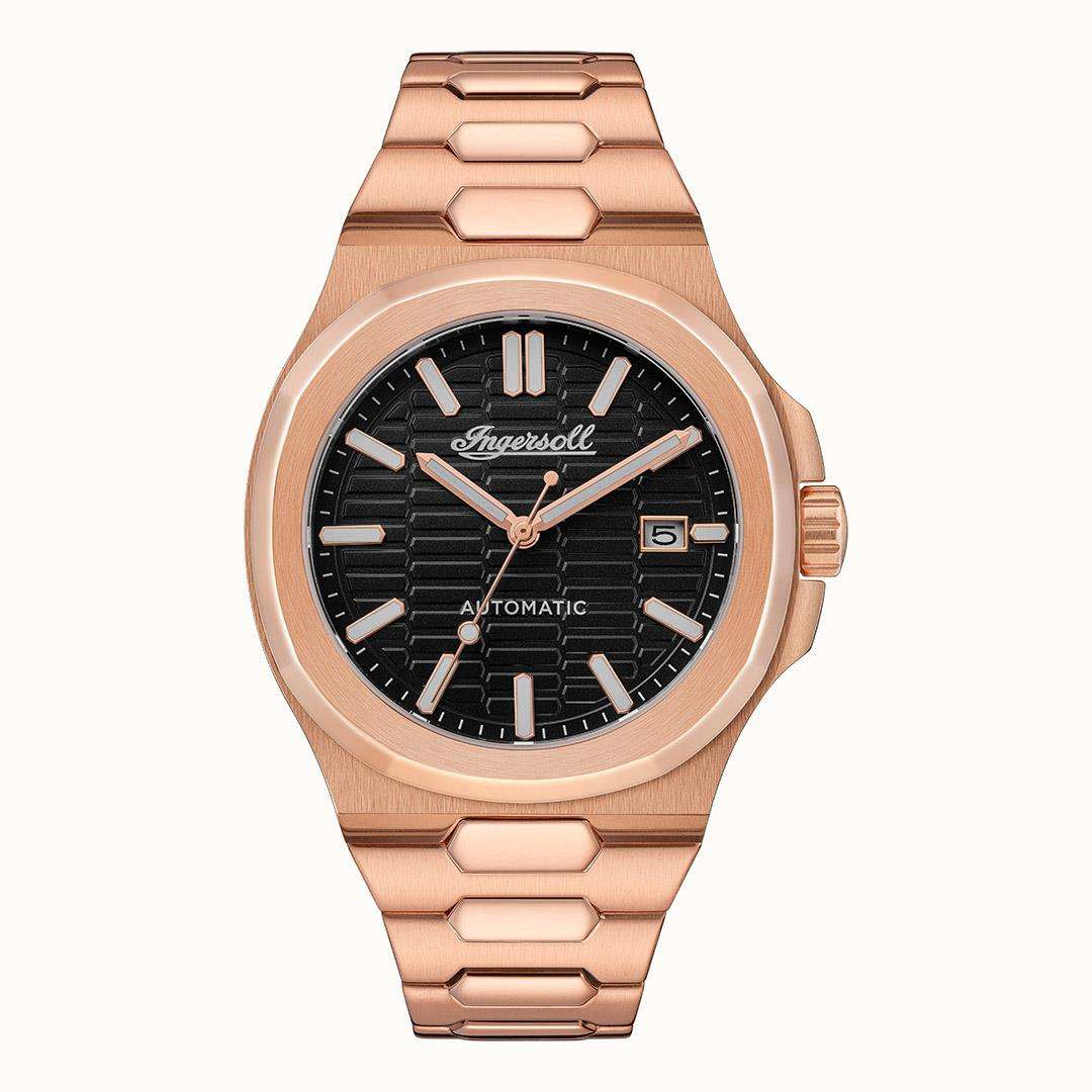 Ingersoll men's automatic wristwatch front view with black dial and rose-gold metal bracelet
