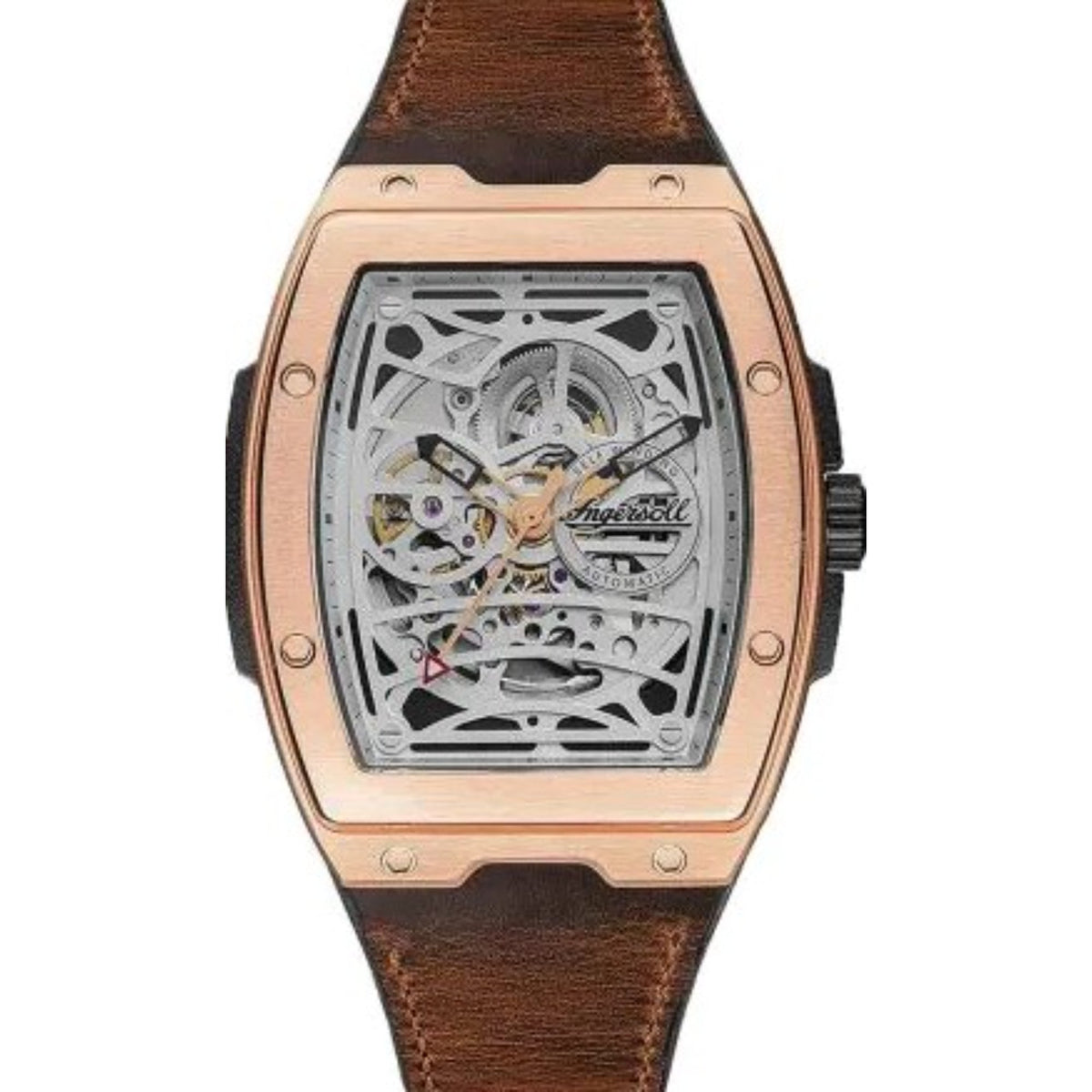 Rose-gold skeleton watch with brown leather strap and transparent dial with exposed gears.