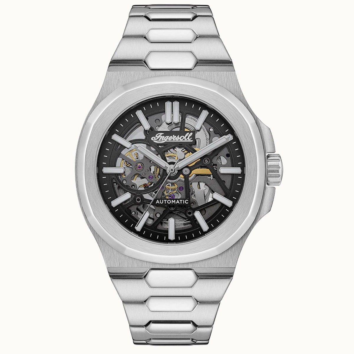 Men's automatic watch with black dial, stainless steel bracelet, three-link crown side view.