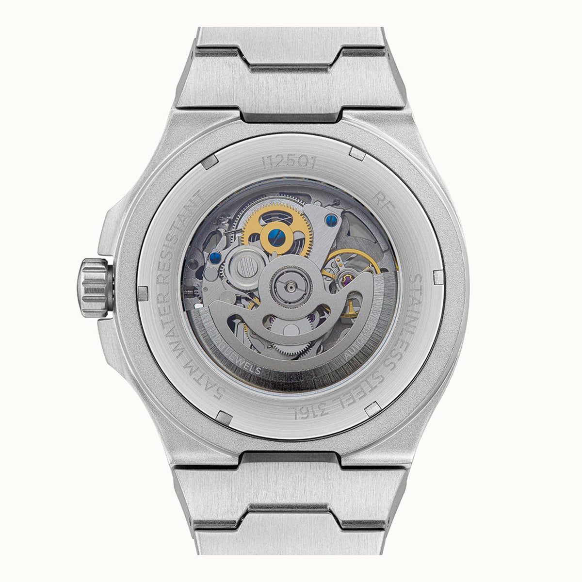 Men's automatic watch case back with visible gears and branding, stainless steel finish.