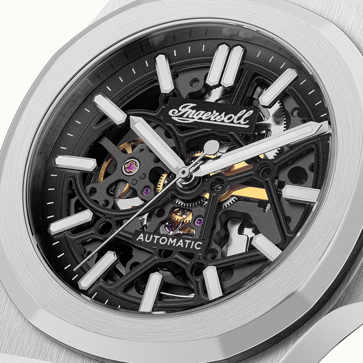 Men's automatic skeleton watch with black dial, stainless steel case, visible gears