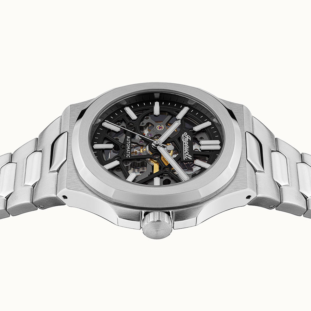 Men's automatic skeleton watch, black dial in stainless steel bracelet and bezel