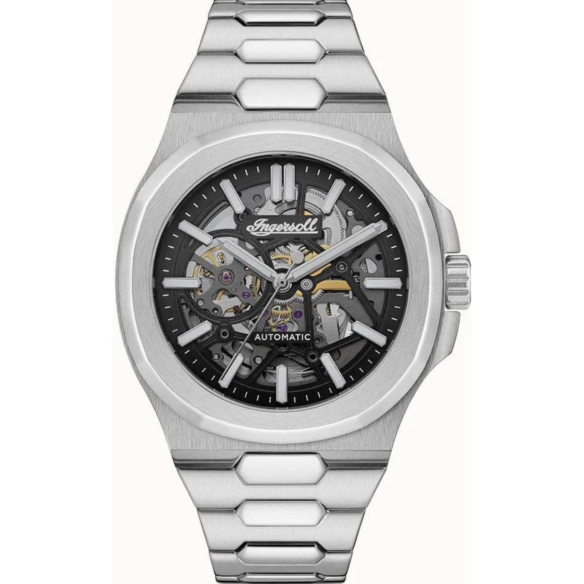 Men's automatic watch with black dial and stainless steel bracelet, front view with crown.