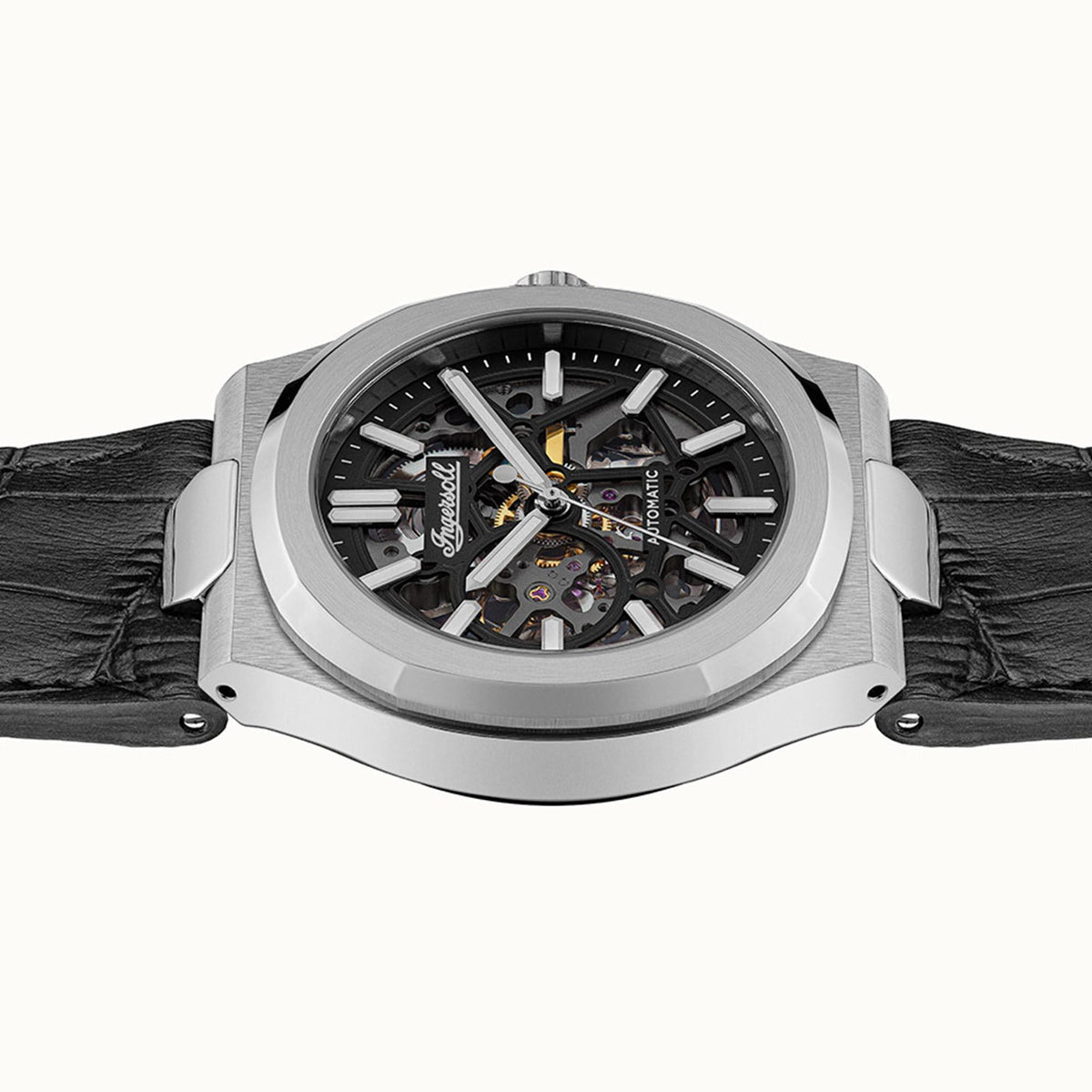 Men's automatic wristwatch open-skeleton dial view, black leather strap, steel case