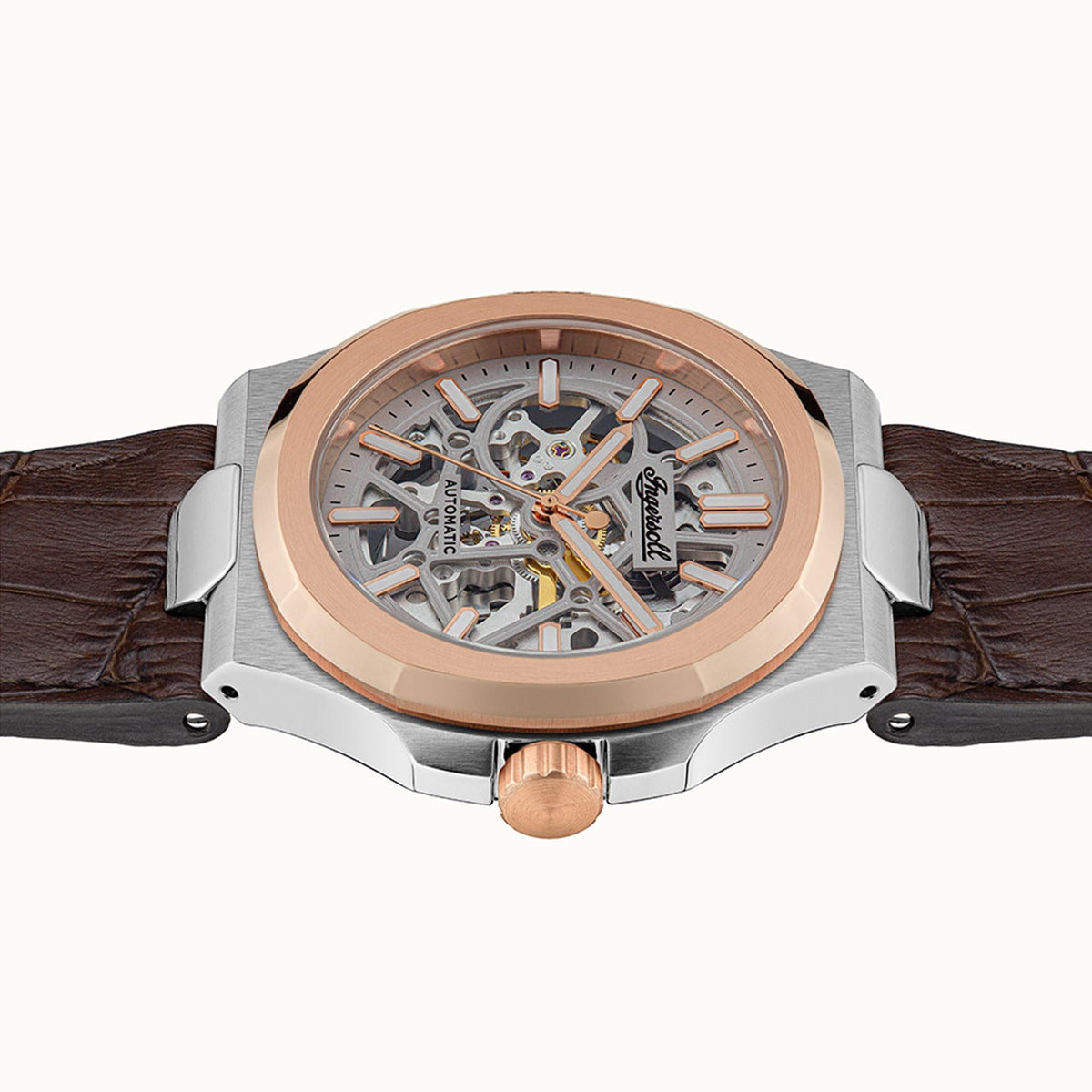 Men's automatic skeleton watch, rose-gold bezel, silver dial, brown leather strap, crown
