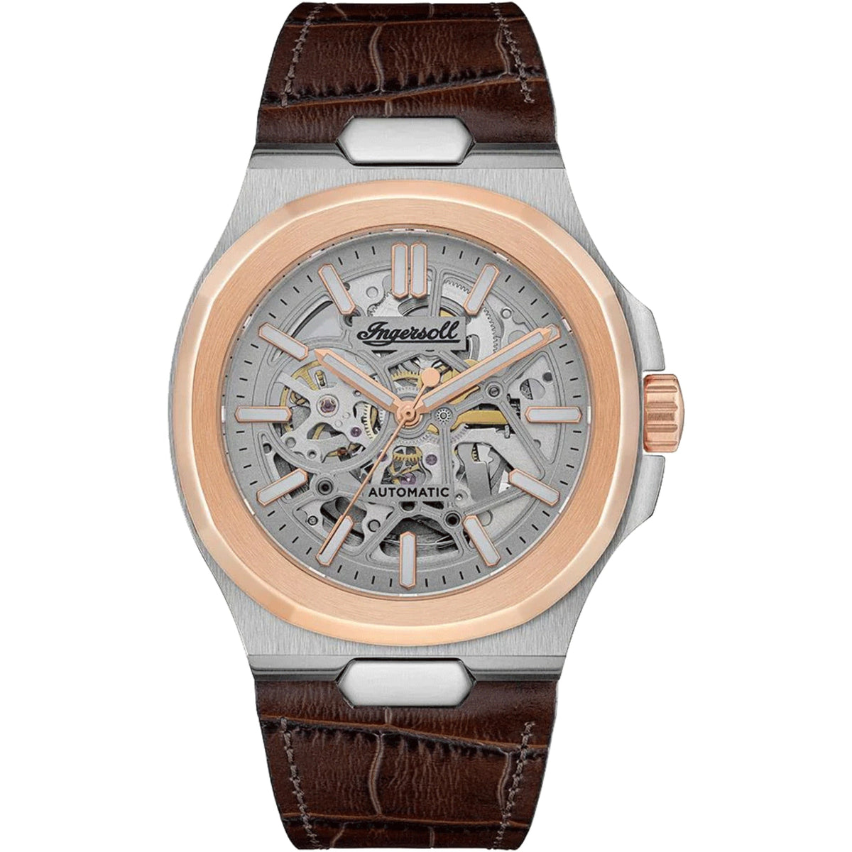 Men's automatic skeleton watch front view with silver case, rose-gold bezel, brown leather strap