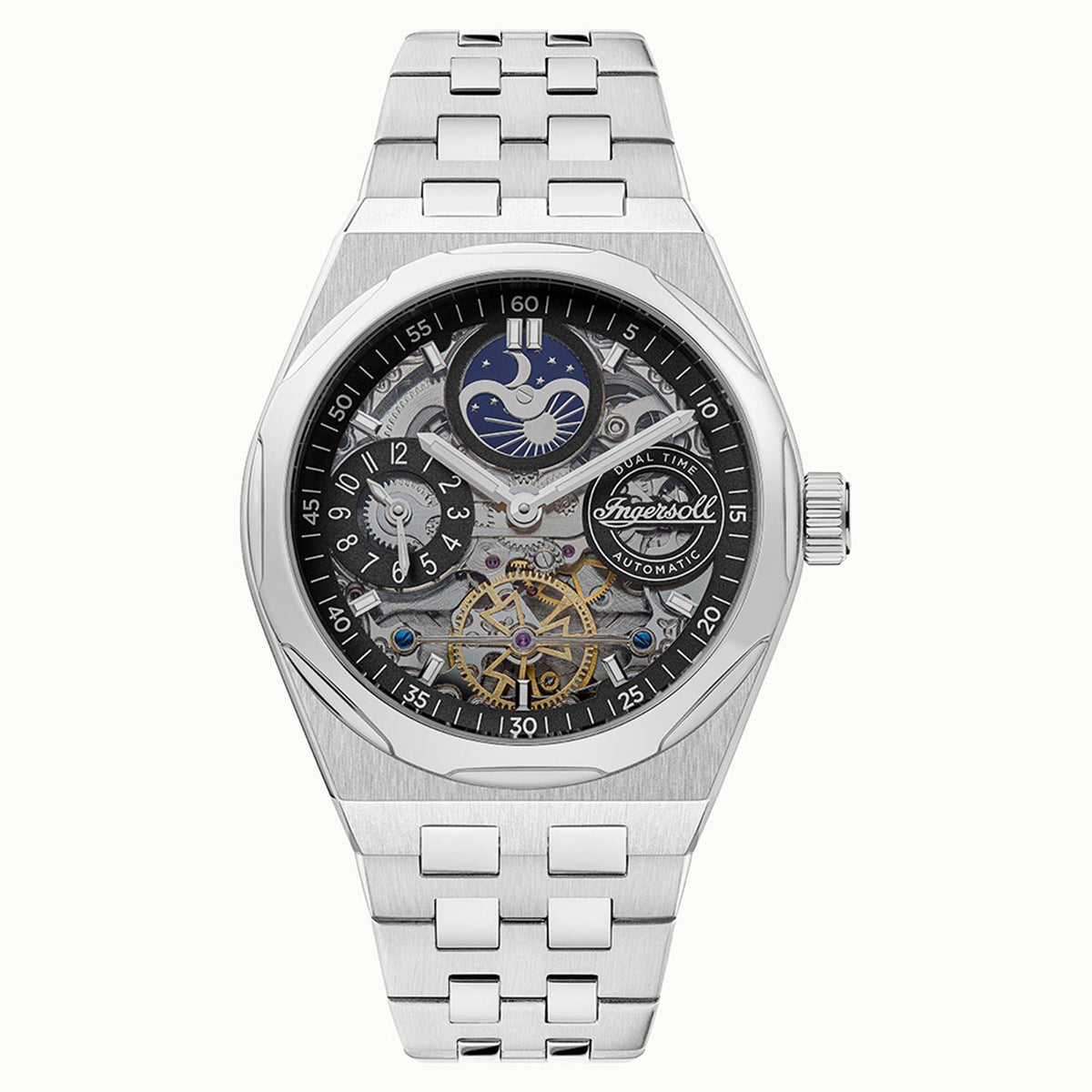 Stainless steel automatic wristwatch with black skeleton dial, dual time subdials, link bracelet