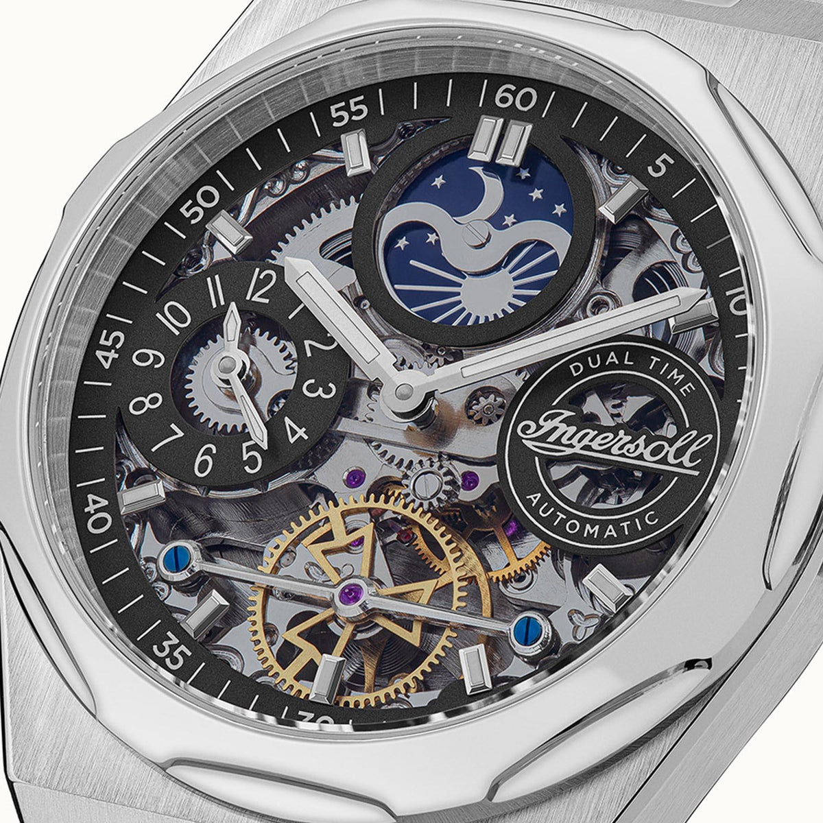Stainless steel automatic men's watch with black dial, skeleton movement and blue dual-time subdial