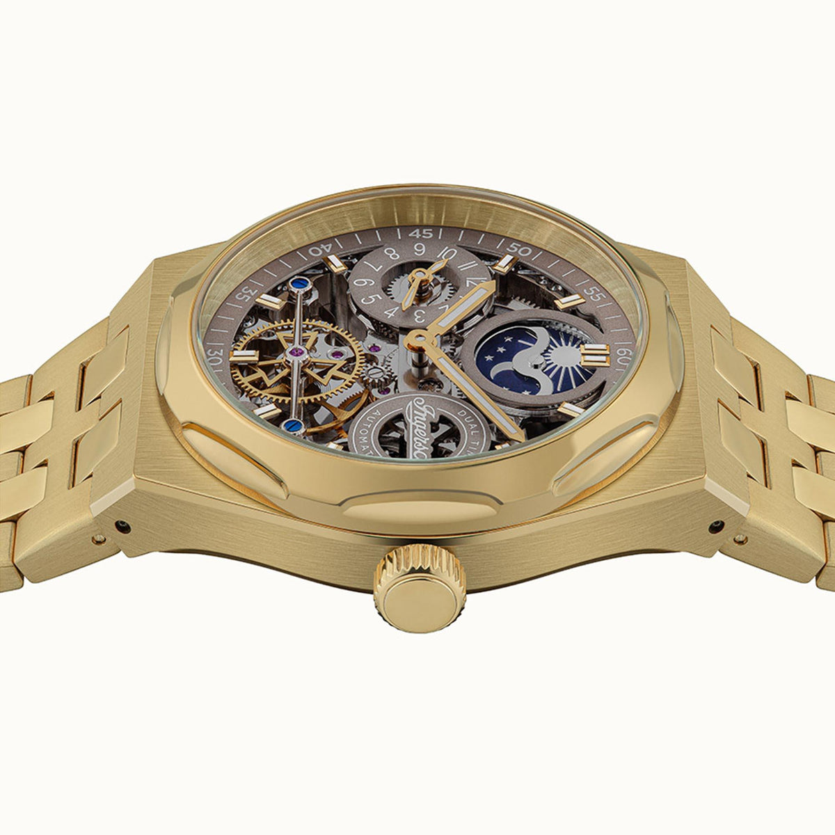 Men's gold-tone automatic watch with open-work brown dial and gold bracelet