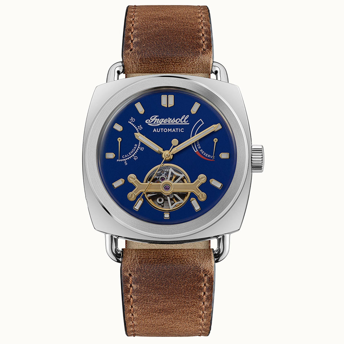 Automatic men's wrist watch with blue dial, gold detailing, and brown leather strap