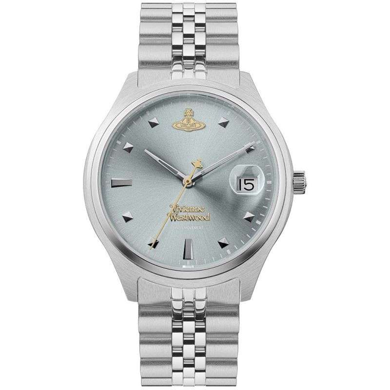 Stainless steel ladies wristwatch with round light blue dial, gold hands, day/date window