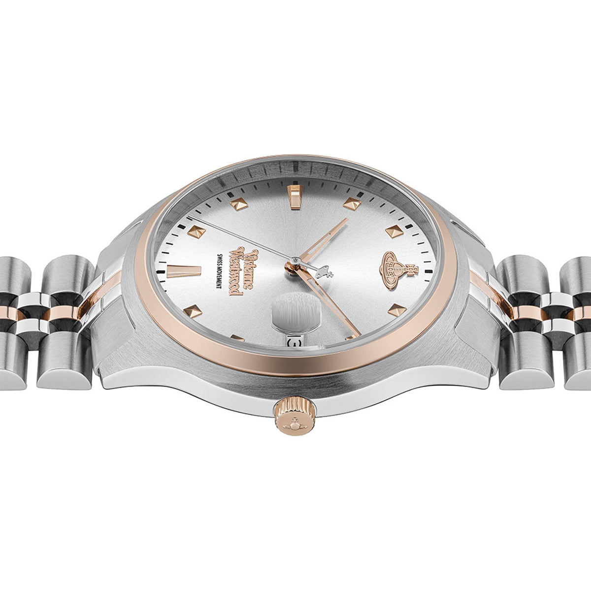 Ladies stainless steel watch side view, silver dial with rose-gold trim and bracelet links