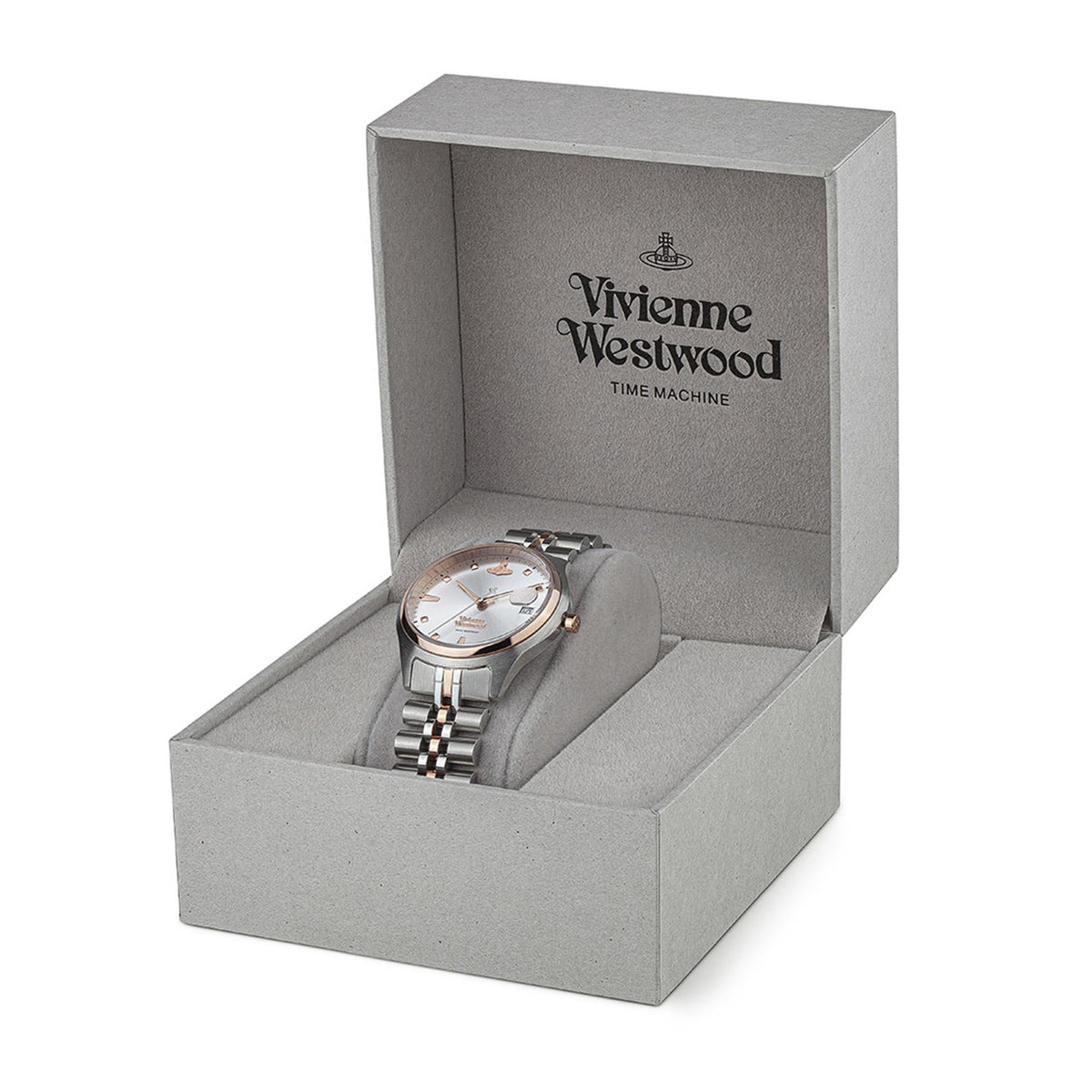 Ladies quartz wristwatch in gray gift box, showing stainless steel bracelet and silver dial