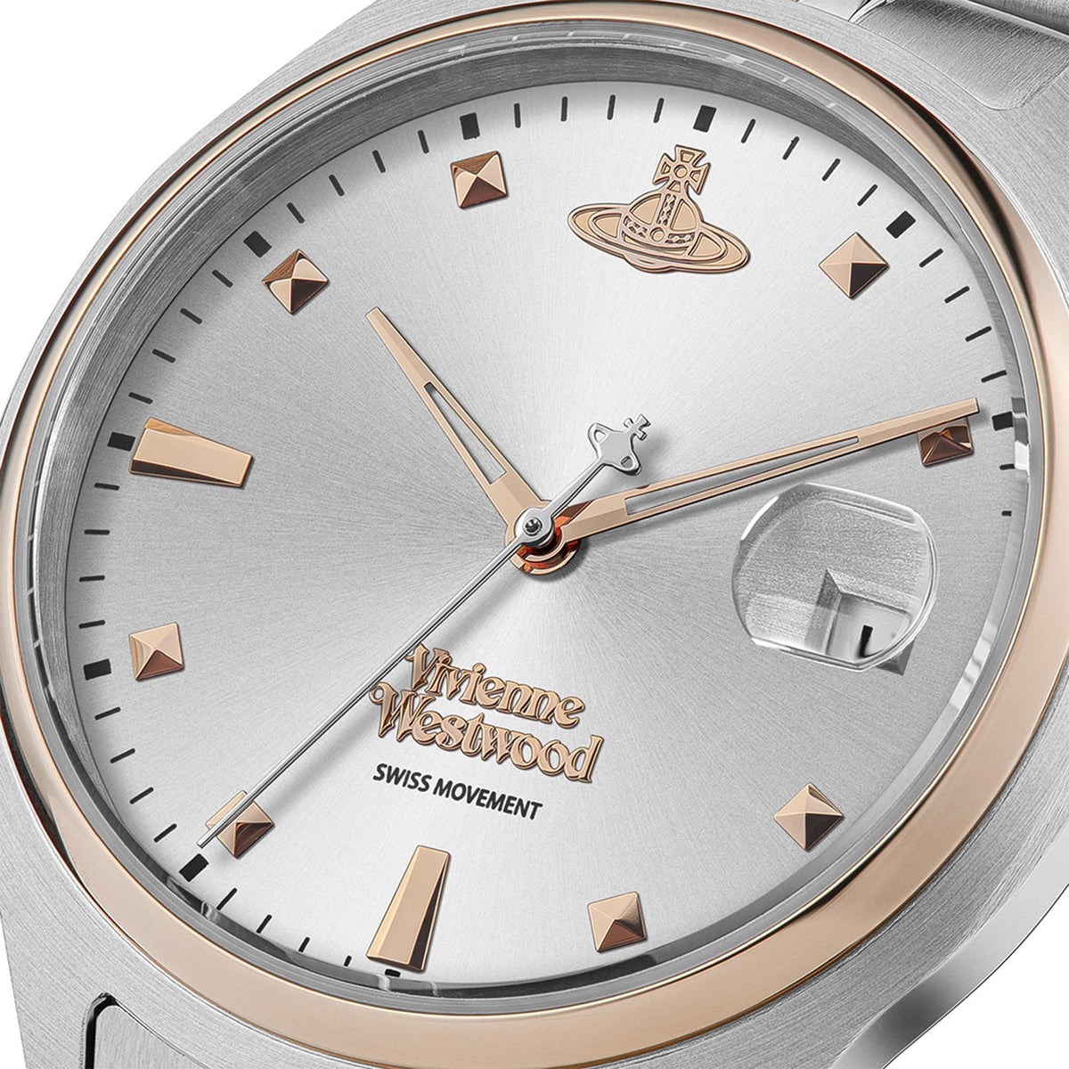 Silver stainless steel wristwatch with white dial, rose-gold accents and patterned markers