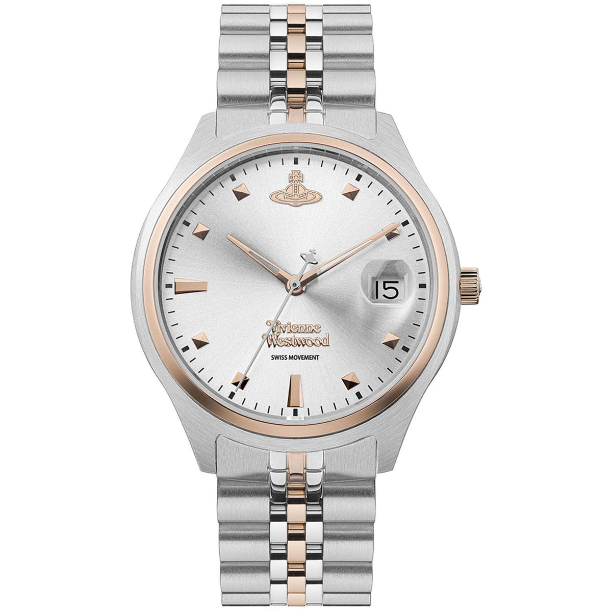Ladies stainless steel watch, silver dial with rose-gold bezel edge and bracelet links