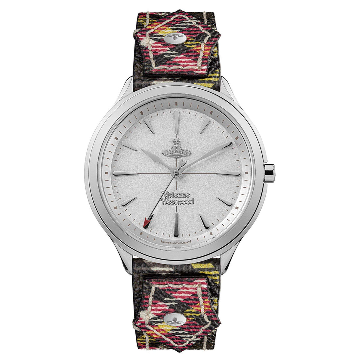Silver dial round ladies quartz watch with multicolor tartan leather strap and crown detail