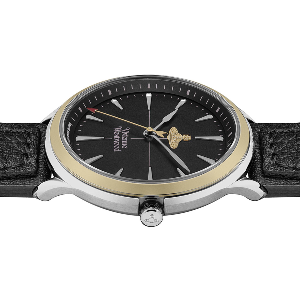 Quartz watch side view with black dial, gold-tone bezel, and silver crown