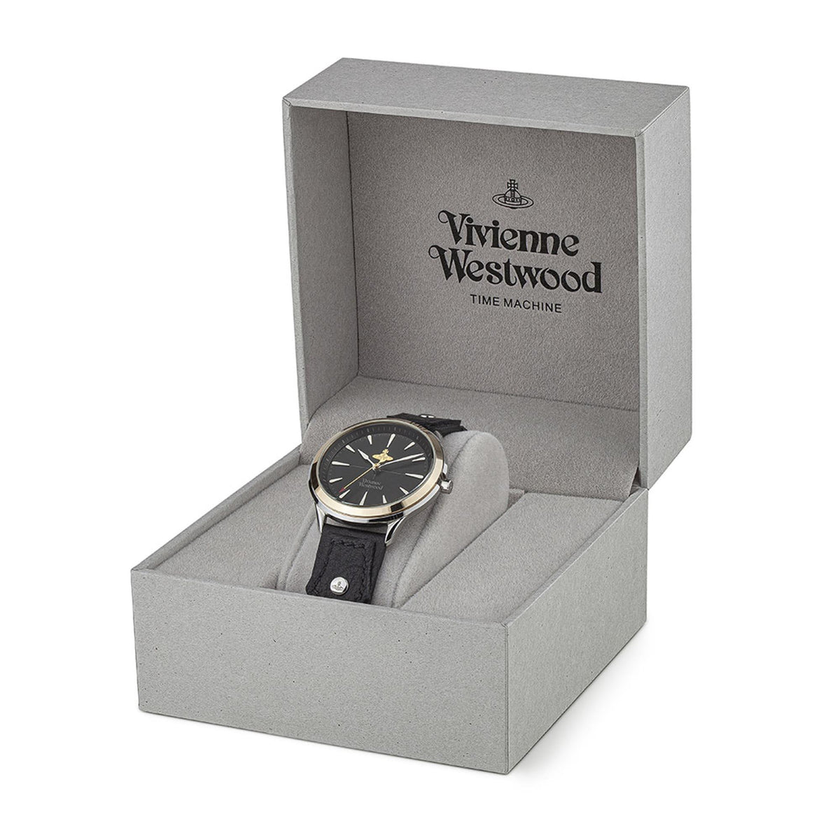 Quartz watch in open gray presentation box with black dial and black leather strap