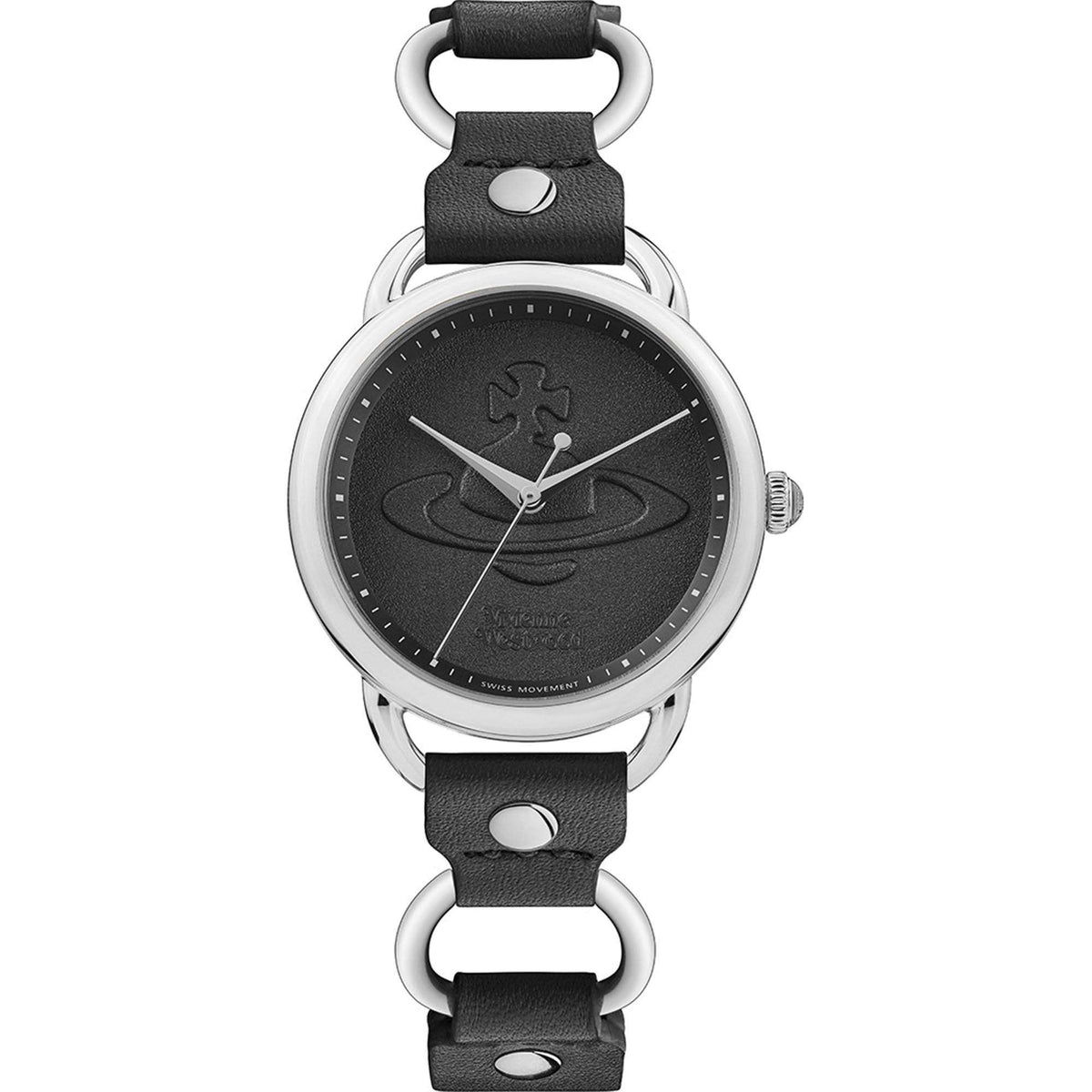 Ladies quartz wristwatch front view with black dial, black leather strap and silver bezel