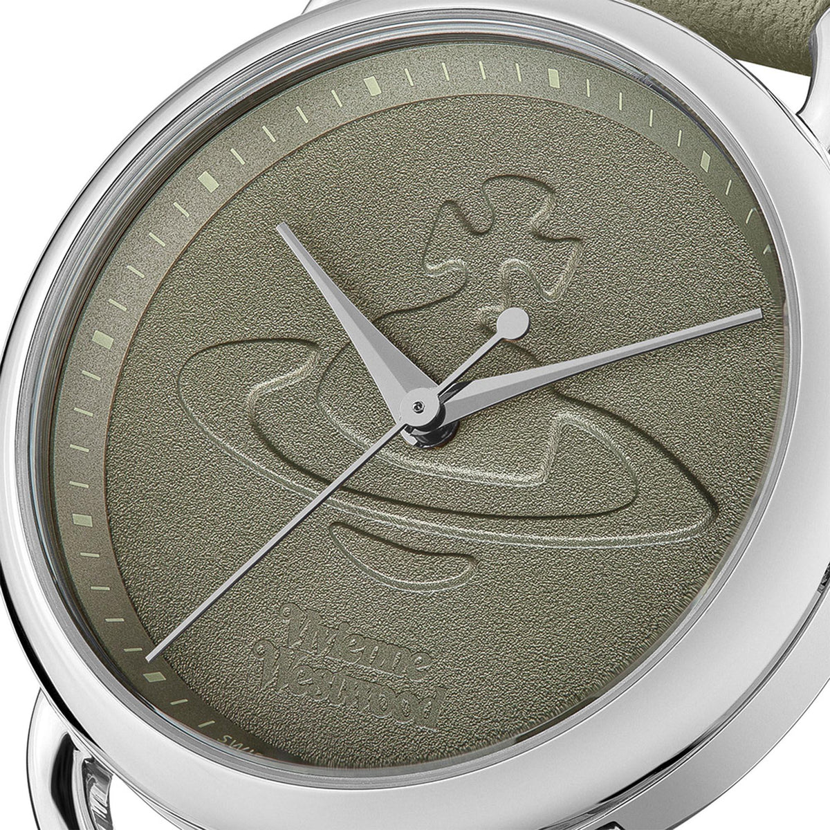 Olive green dial Vivienne Westwood watch with round steel case and leather strap
