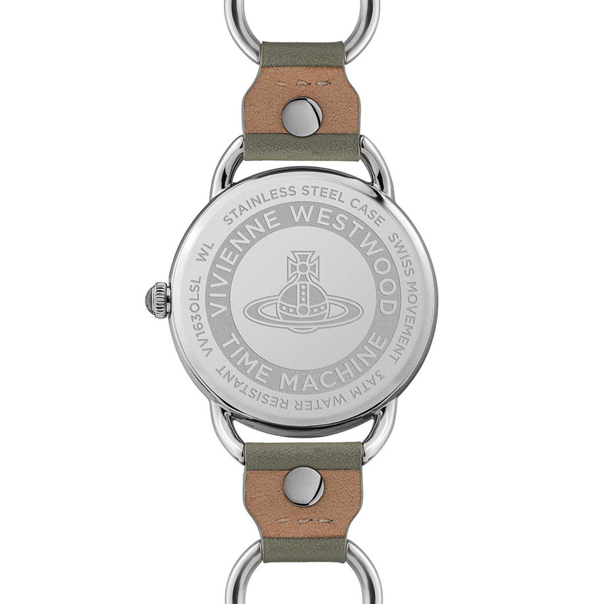 Stainless steel case back of Vivienne Westwood watch with tan leather strap and loop rings