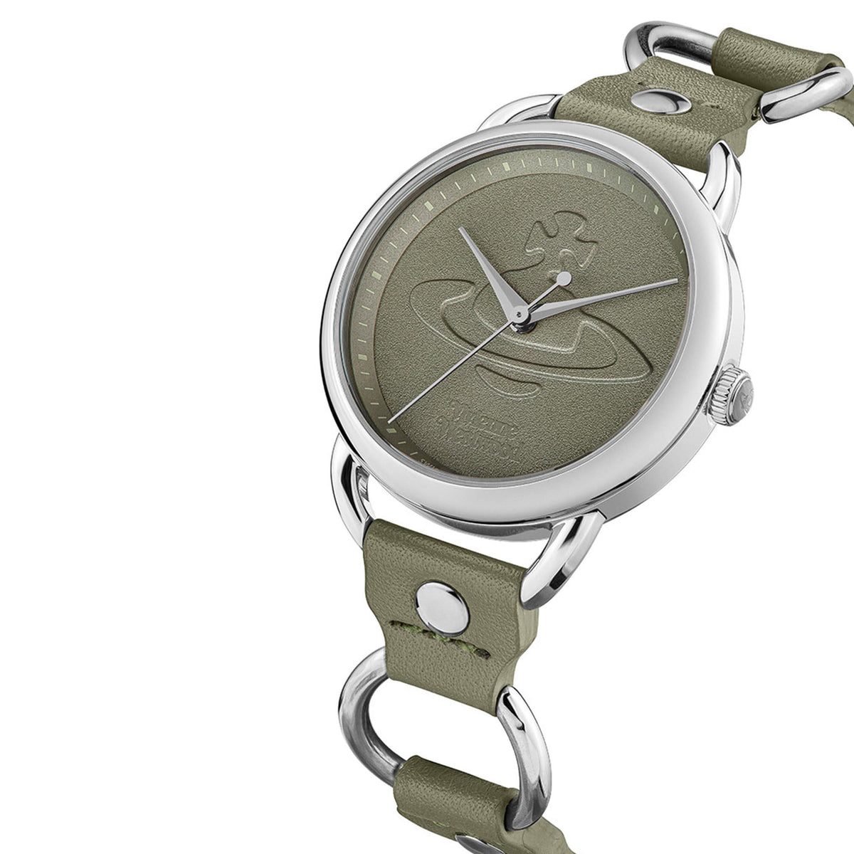 Round Vivienne Westwood watch with olive green dial and olive leather strap, steel bezel