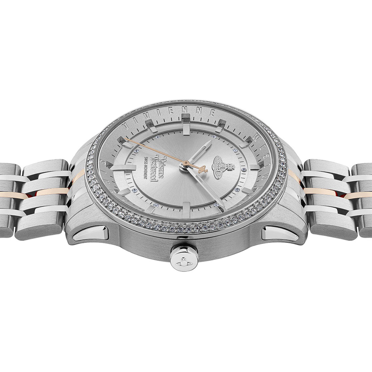 Ladies stainless steel bracelet watch, side angle showing crystal bezel and white dial