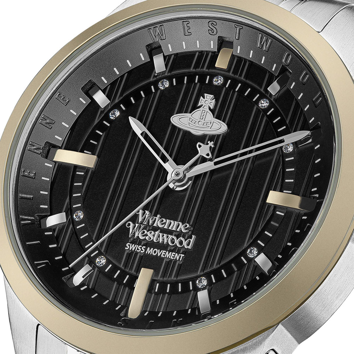 Vivienne Westwood quartz watch close-up, black dial, gold ring bezel, silver hands and markers
