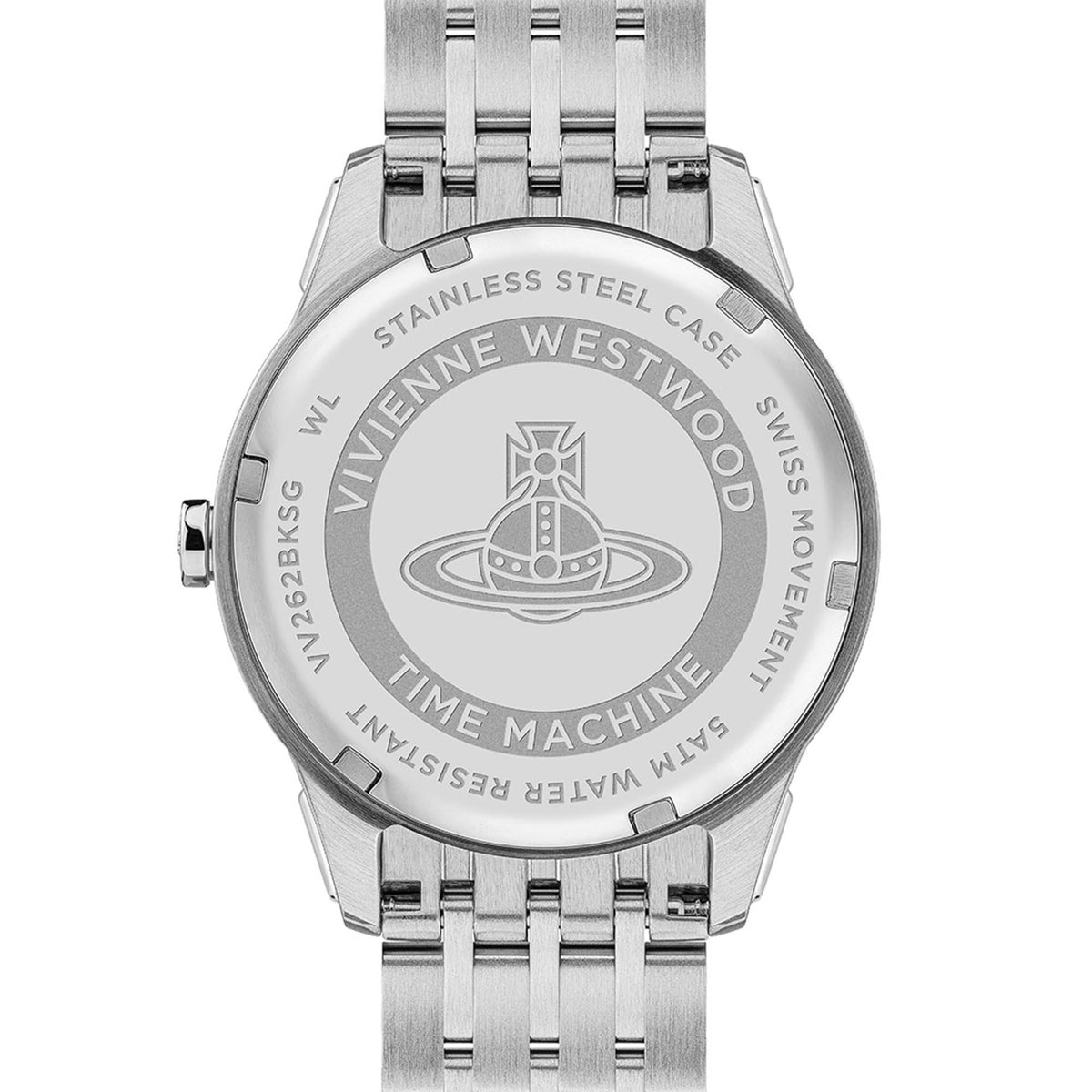 Stainless steel caseback of Vivienne Westwood quartz wristwatch with Time Machine branding