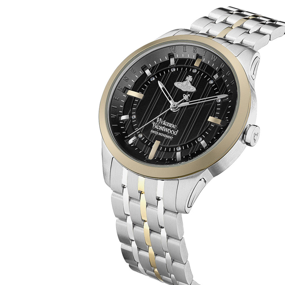 Vivienne Westwood quartz watch angled view, black dial, gold bezel, and two-tone bracelet links