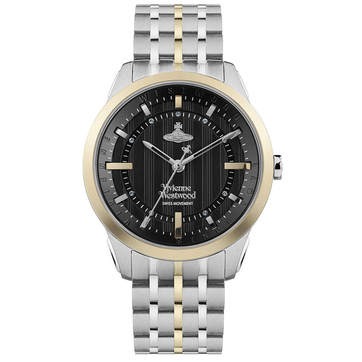 Vivienne Westwood quartz wristwatch with black dial, gold bezel, and silver stainless bracelet