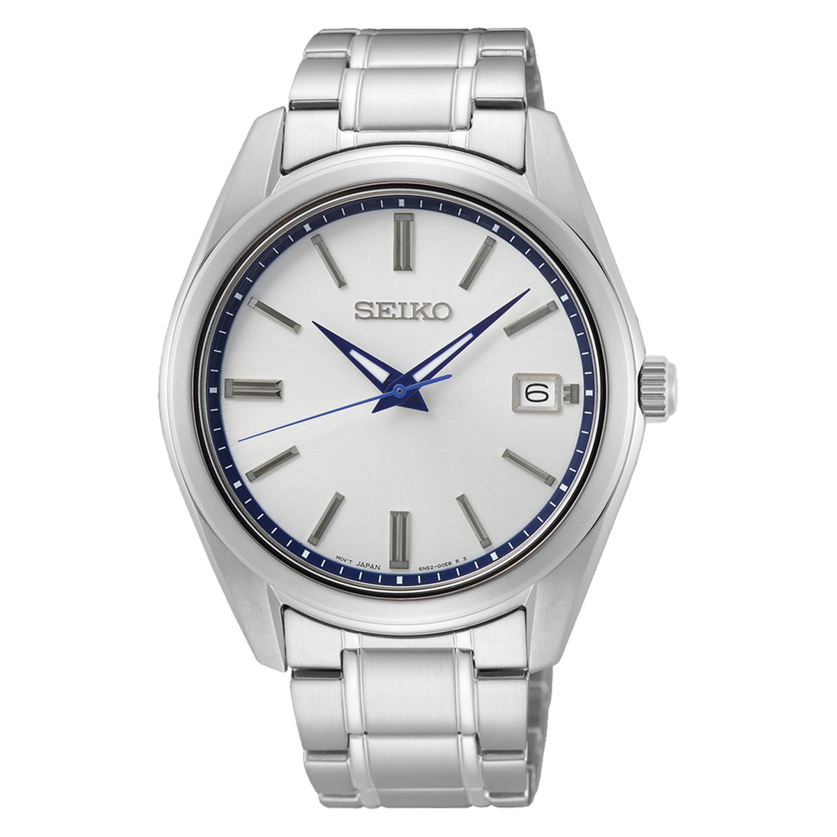 Round steel watch with white dial, blue bezel ring, blue hands, and date at 6 o'clock