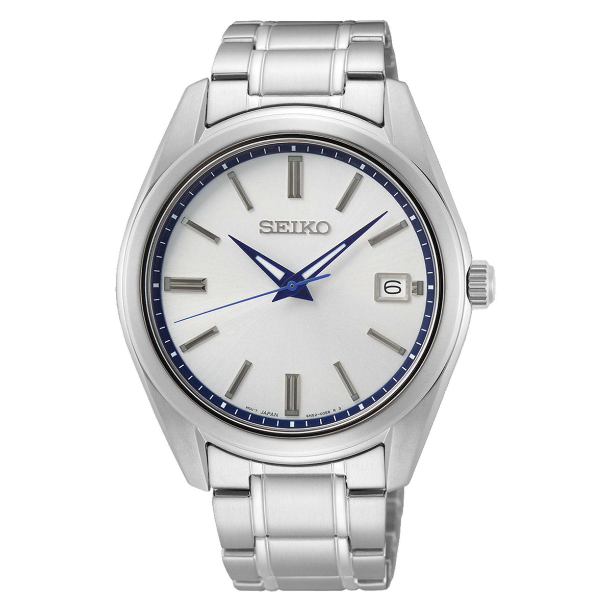 Steel bracelet quartz watch with white dial, blue center seconds hand, and date window at 6