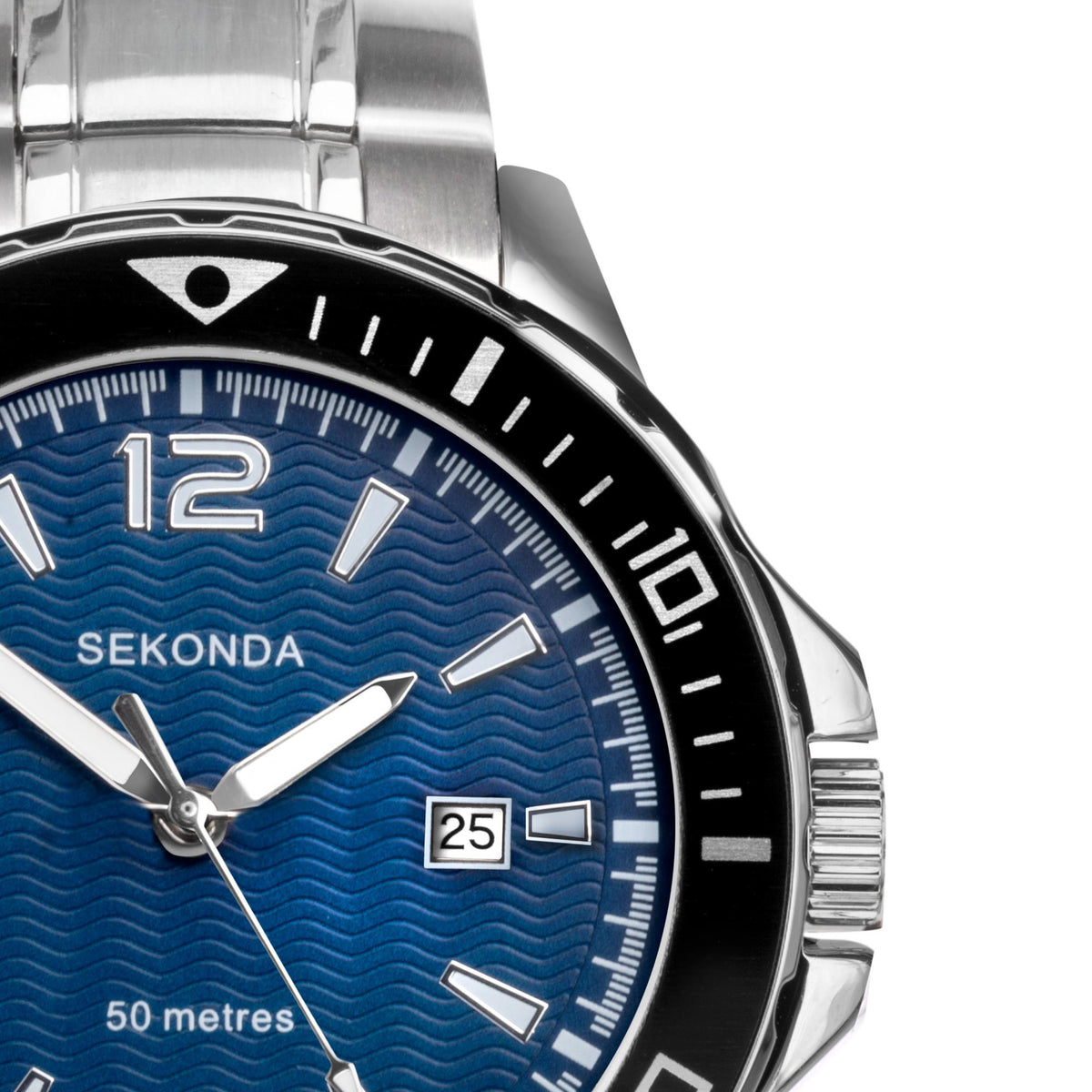 Close-up men's watch dial with blue textured background, silver hands, date window '25'